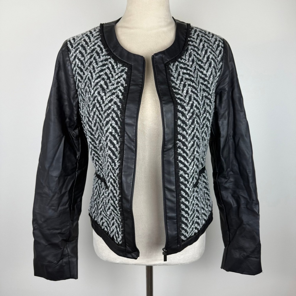 Mossimo Womens Black White Herringbone Tweed Faux Leather Zip Lined Jacket Sz M